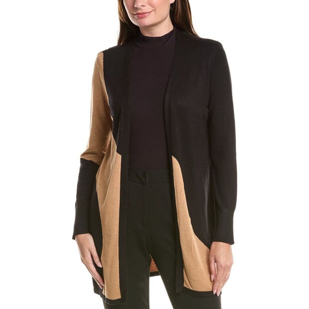 T Tahari Womens  Open Front Colorblock Long Cardigan, Black